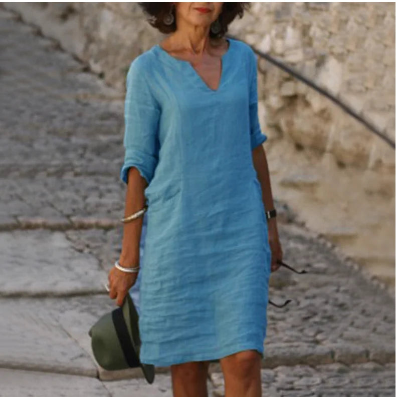 Vintage Women Solid Mini Dress Summer Fashion V-neck Three Quater Sleeve Cotton Linen Dress Ladies Casual Holiday Vestidos