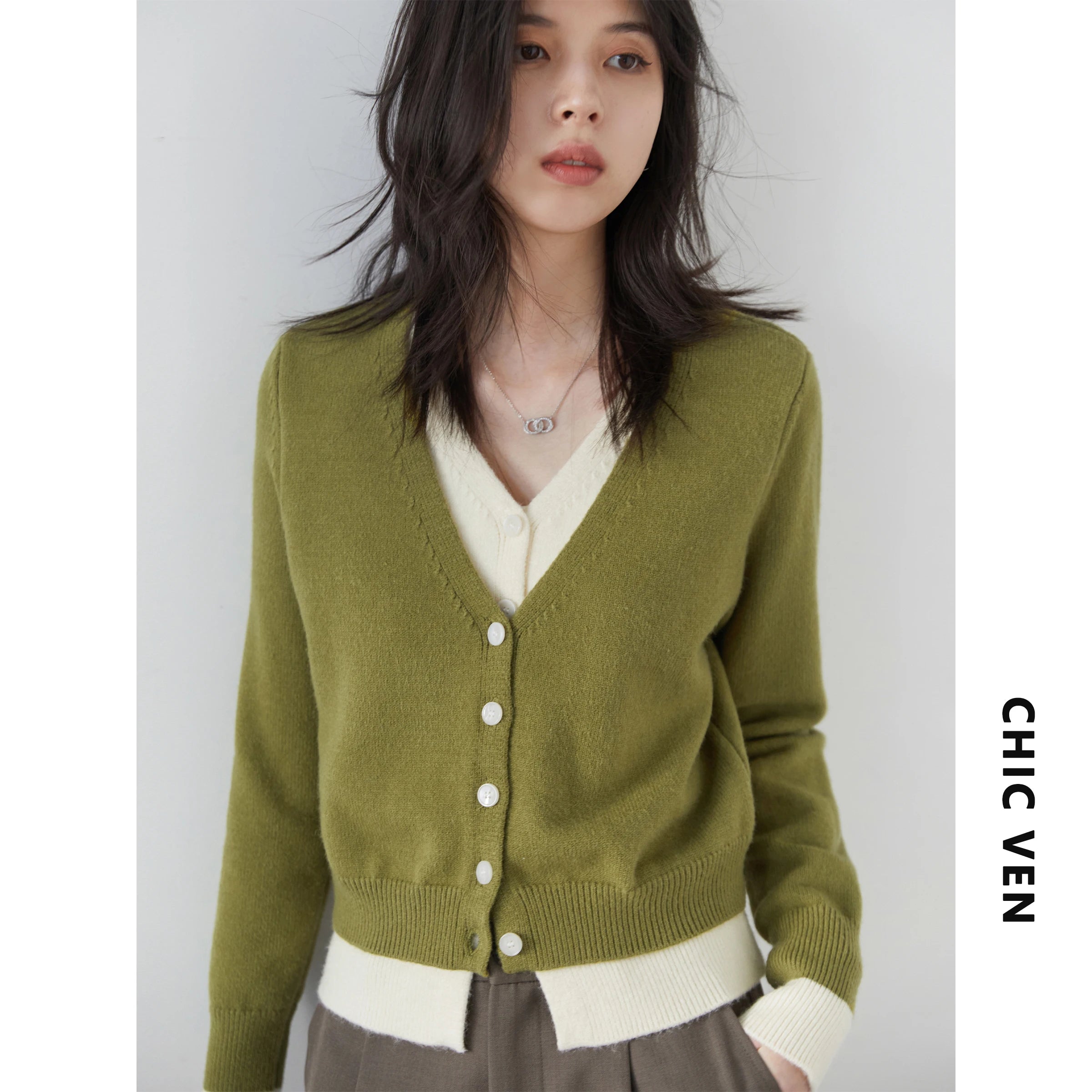 CHIC VEN Women Cardigan Casual V-neck Single Breasted Contrast Female Knitted Sweaters Long Sleeved Jumpers Spring Autumn