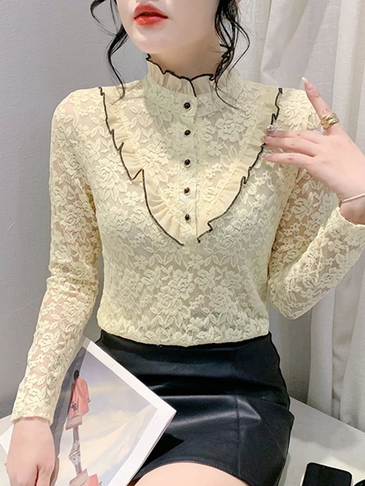 Fleece Lined Lace Long Sleeve Half High Collar Base Shirt Women's Sexy Mesh Top Slimming Versatile Korean Style Commute Wind