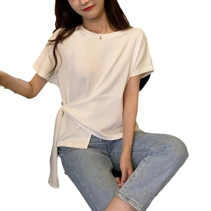 Women's Loose Fit round Neck Short Sleeve T-Shirt Pure Color Design Summer New Korean Style Citywalk Casual Breathable Cotton