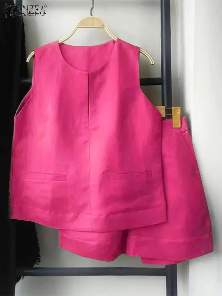 ZANZEA Casual Loose Sleeveless Tank and Shorts Women Summer 2pcs Short Sets Fashion Solid Tracksuit Sexy Pocket Matching Suits