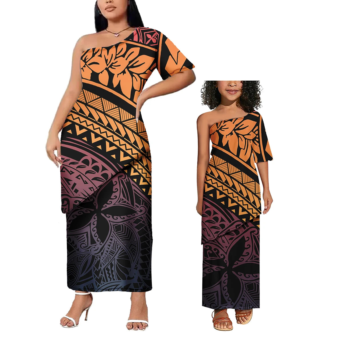 Low Price Wholesale Custom Polynesian Design Family Matching Clothing Two Piece Sets Samoan Puletasi Mommy And Me Dress