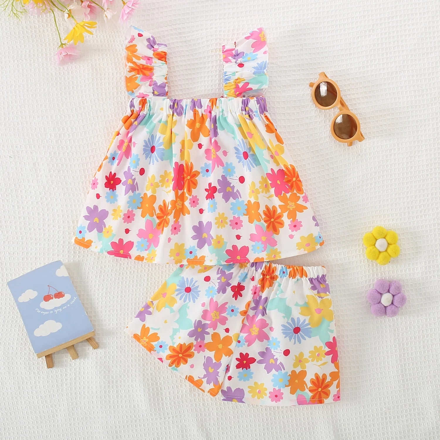 2 Pieces Set Summer Baby Girl Clothes Set Colorful Flower Printed Top with Shorts Baby Girl Korean Outfit