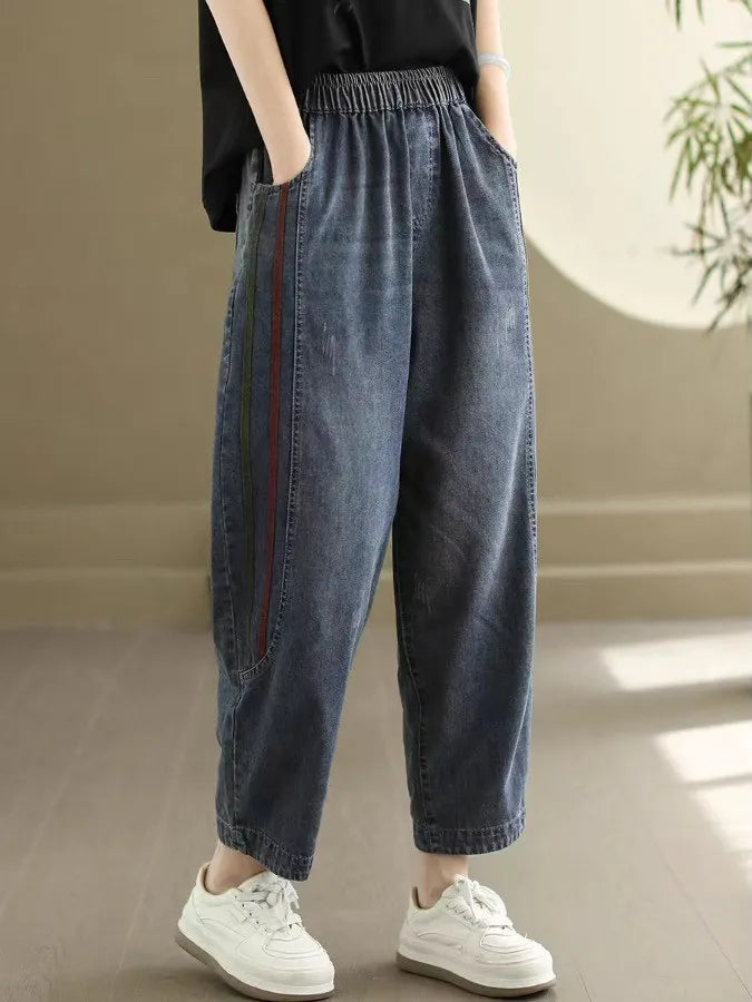 Retro Full Cotton Washed Denim Pants Women's New 2026 Spring Summer Patchwork Loose Harem Pants High Waist Nine Points
