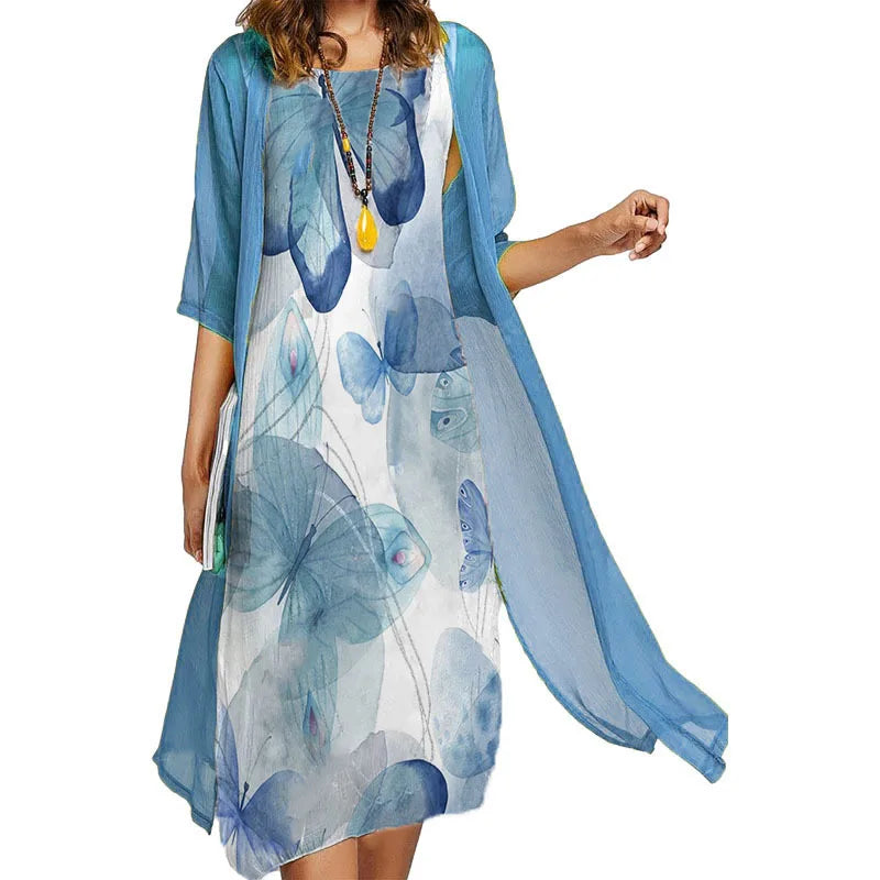 Fall 2025! Europe and the United States cross-border fashion casual loose print dress needle coat two-piece set