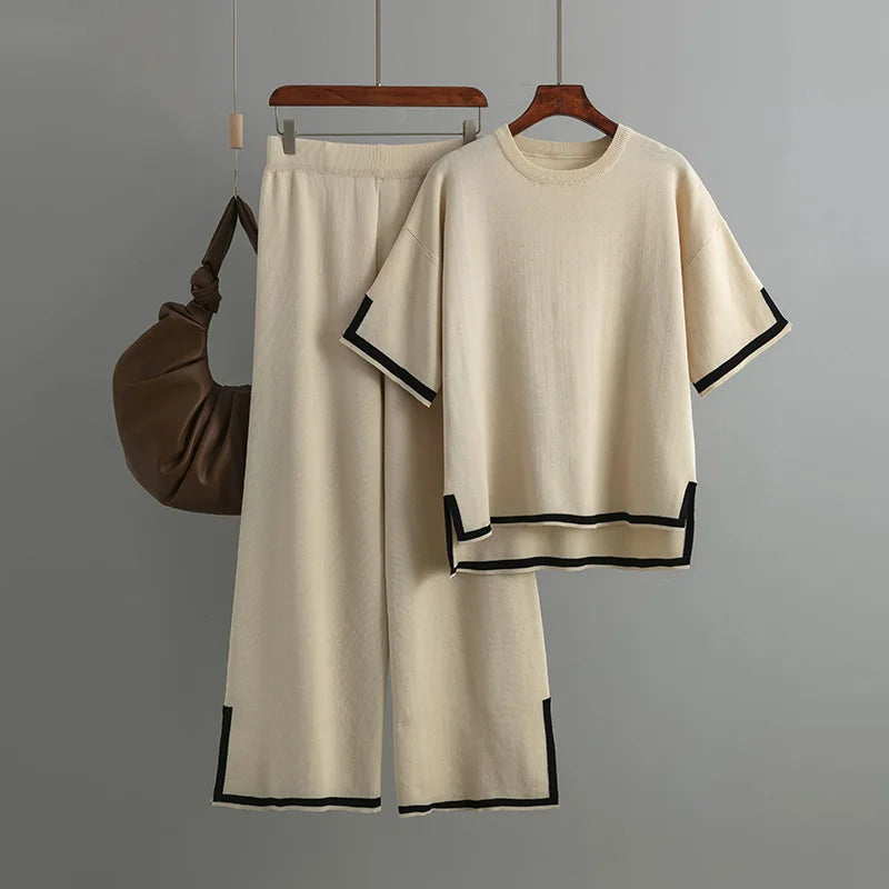 Women Two Piece Set Knit Sweater Suit Short Sleeve Round Neck Tops Loose Wide Leg Pants Solid Splice Midi Waist Casual