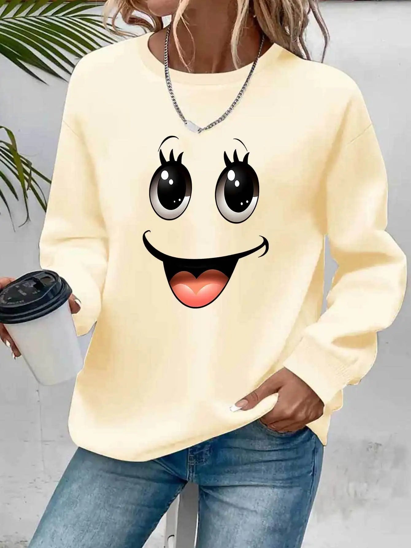 Women's autumn and winter casual, fashionable, loose, comfortable, warm, Paris pattern printed round neck long sleeved pullover