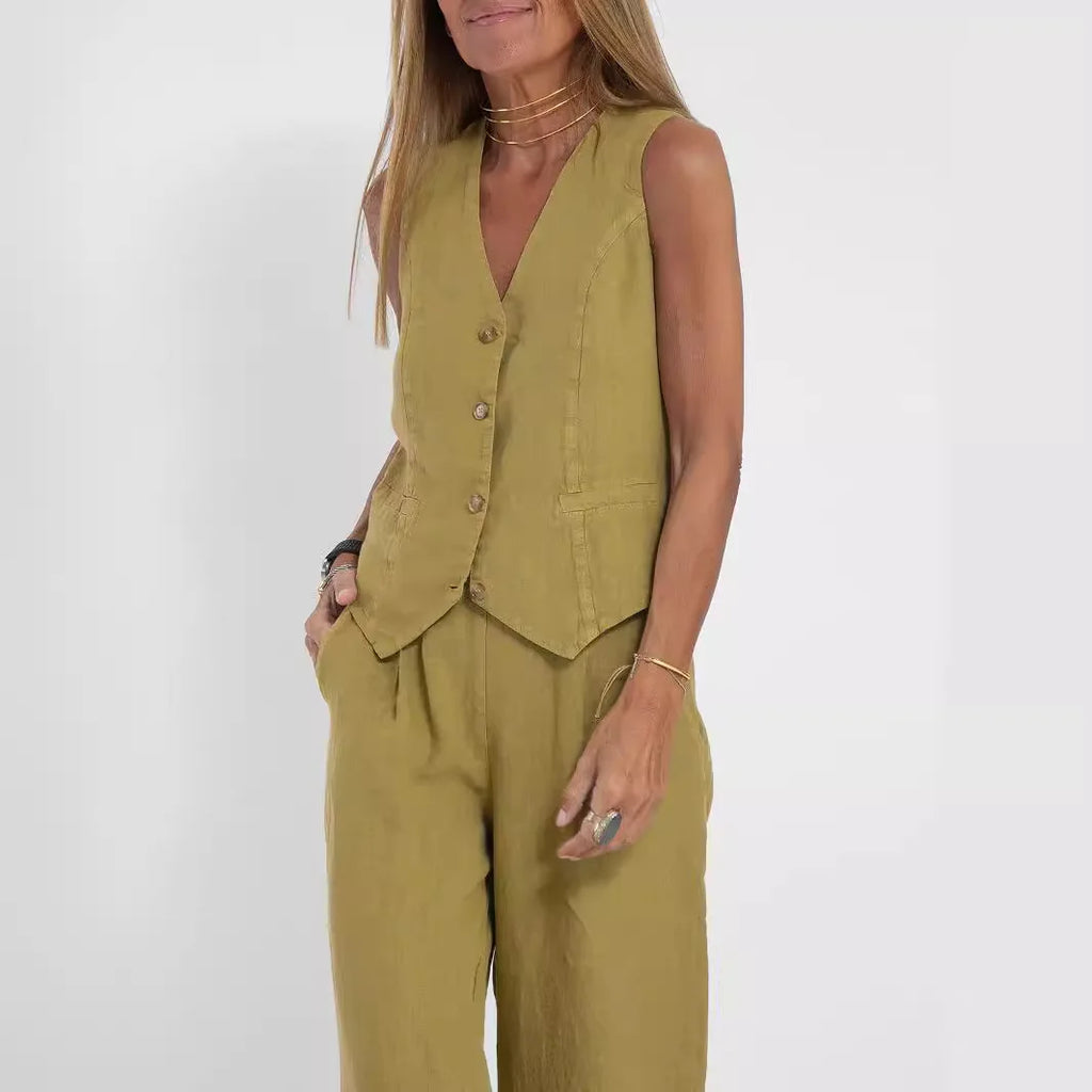 Fashion Patchwork Cotton Linen Vest Pants Casual Suit Women's High Waist Long Pants V-Neck Sleeveless Summer Outfit Set