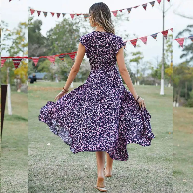 Bohemian Vacation Style Floral Print Wrap Dress with Belt High Waist Short Sleeve Long Skirt for Women in Their Late Twenties