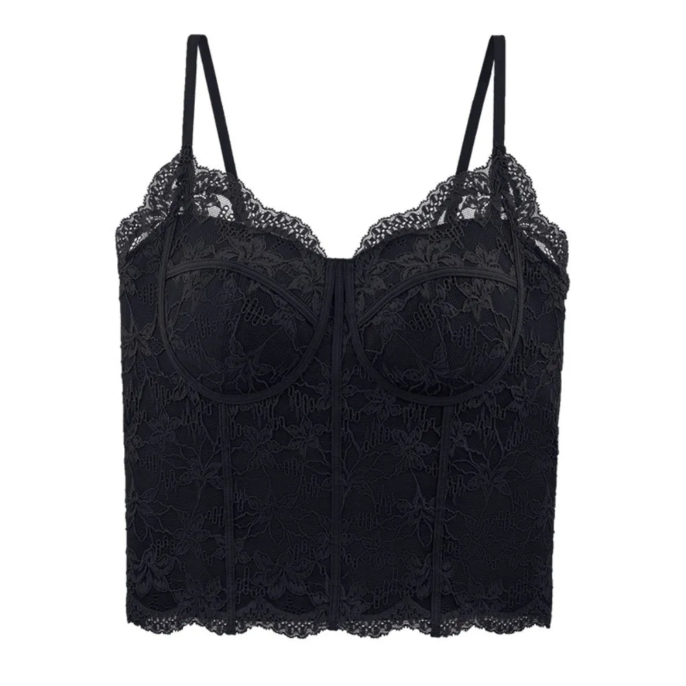 Chic Mesh Flower Slim Lace Crop Top Bottoming Shirt Sweet Girl's Vest Top Spicy Girls Style Summer Camisole with Pads Women