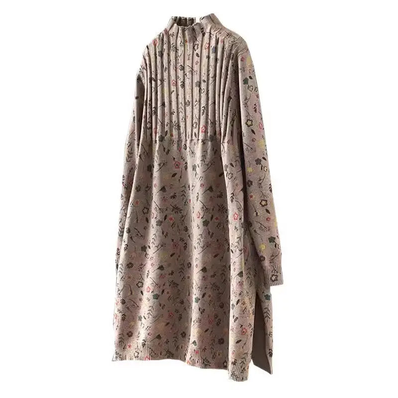 Retro Printed Half High Necked Sweater Dress 2026 Spring Autumn Mid Length Loose Oversized Pullover Bottom Knit Shirt Z4697