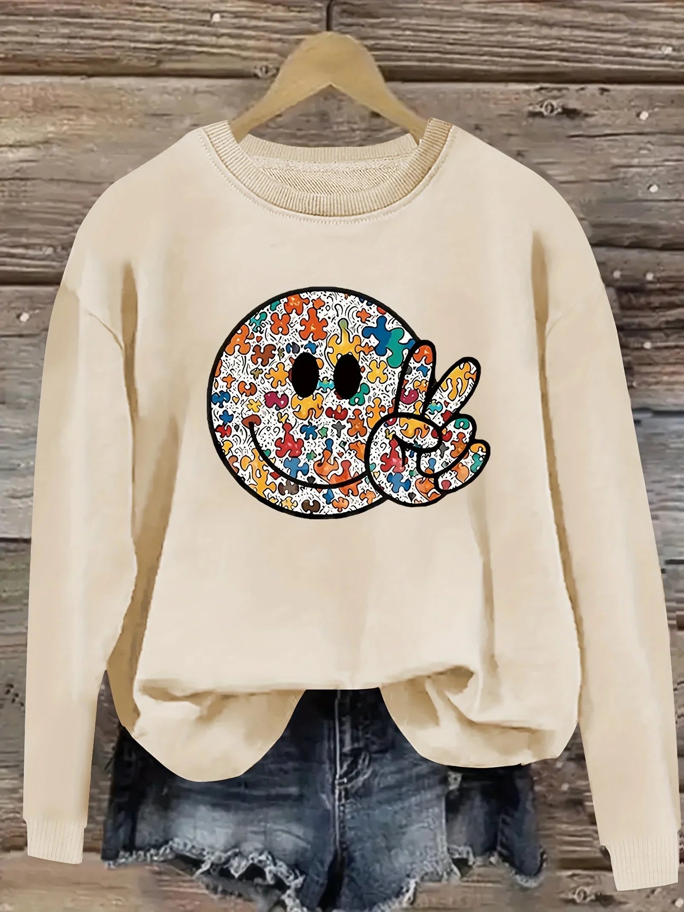 Women's autumn and winter casual, fashionable, loose, comfortable, warm, Paris pattern printed round neck long sleeved pullover