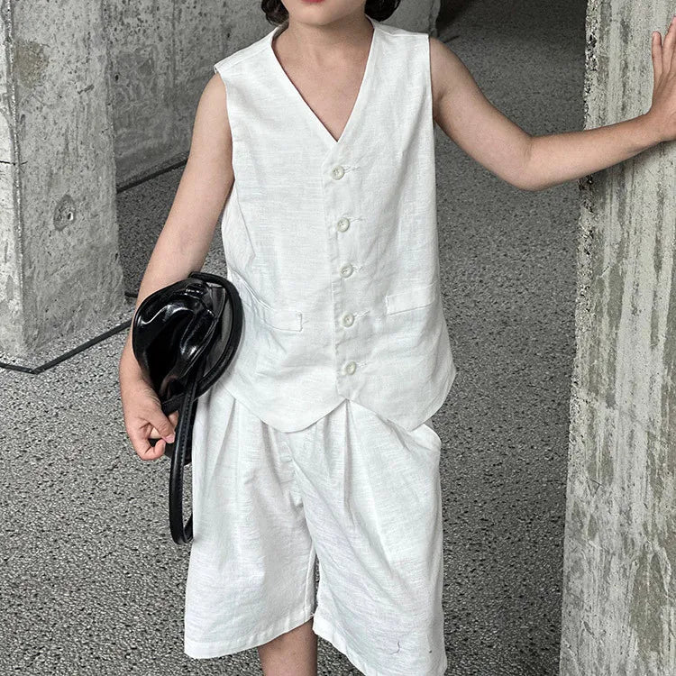 Kids White Vest Set Boys Girls Floral Decor V-Neck Waistcoat Shorts Pants Toddler Summer Formal Party Gentleman Casual Outfit