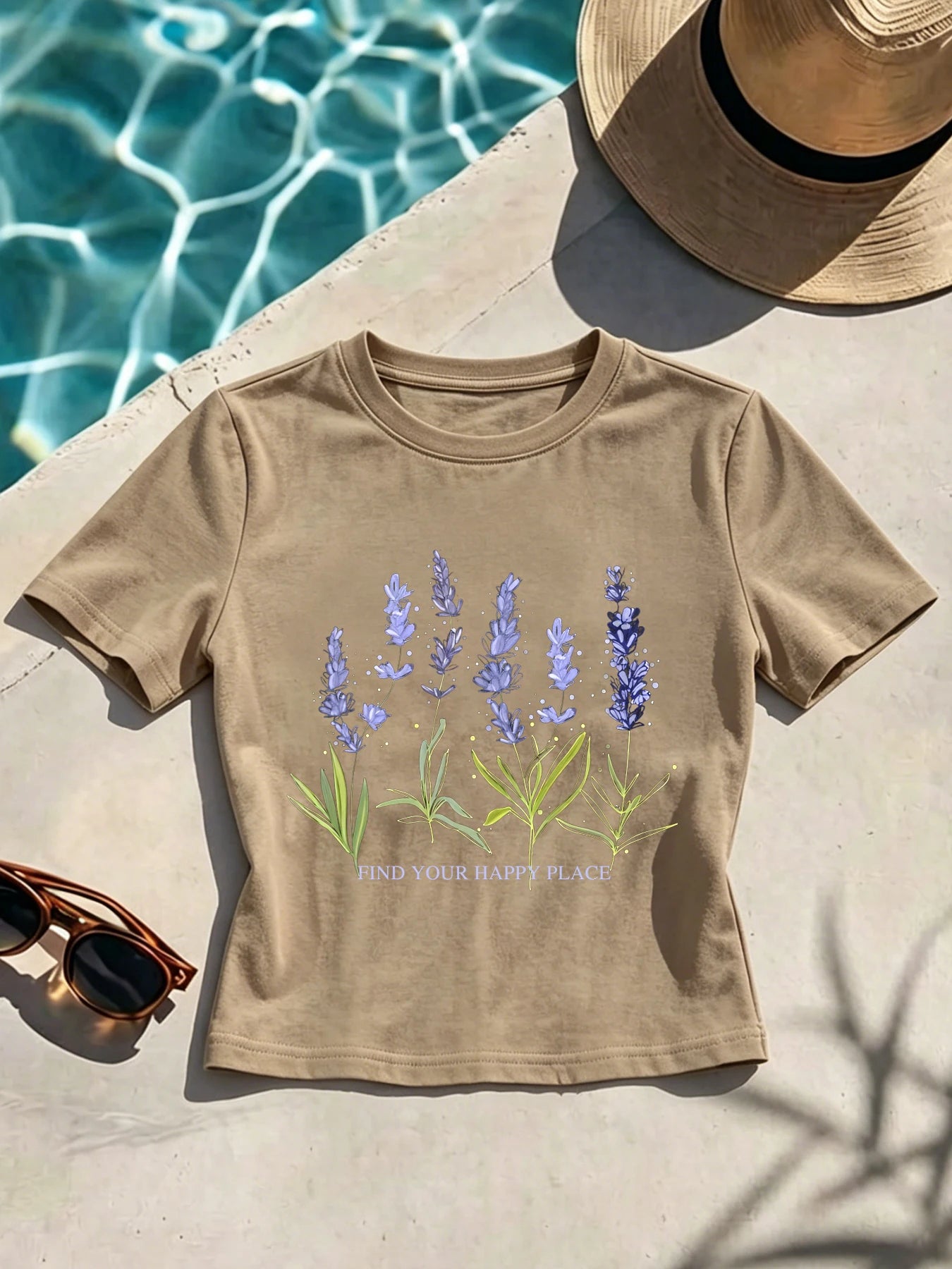 Beautiful Of Lavender Print Slim T Shirts Women Summer All-Match T-Shirts Female Fashion Crop Short Sleeve Casual Slim Clothing