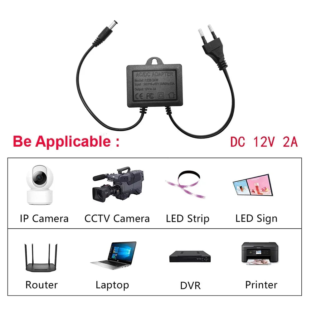 2pcs Power Adapter DC12V 2A EU Plug Input AC110V-240V Outdoor Waterproof For CCTV Surveillance Camera Charger NVR DVR Router LED