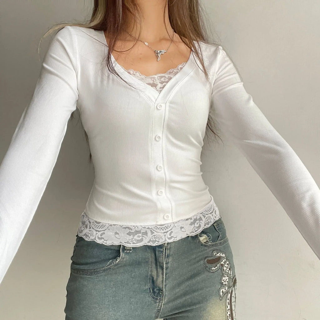 French Pure Color Lace Splice Slim Fit Long Sleeve Short T-Shirt Sexy Fake Two-Piece Top for Women