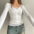 French Pure Color Lace Splice Slim Fit Long Sleeve Short T-Shirt Sexy Fake Two-Piece Top for Women