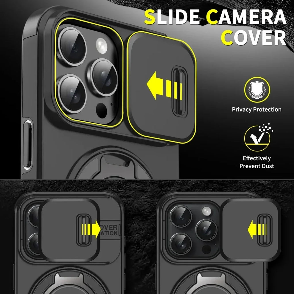 New Armor Magnetic Bracket Cases for iPhone 16 14 13 12 11 15 Pro Max Plus With Lanyard Slide Camera Protection Shockproof Cover