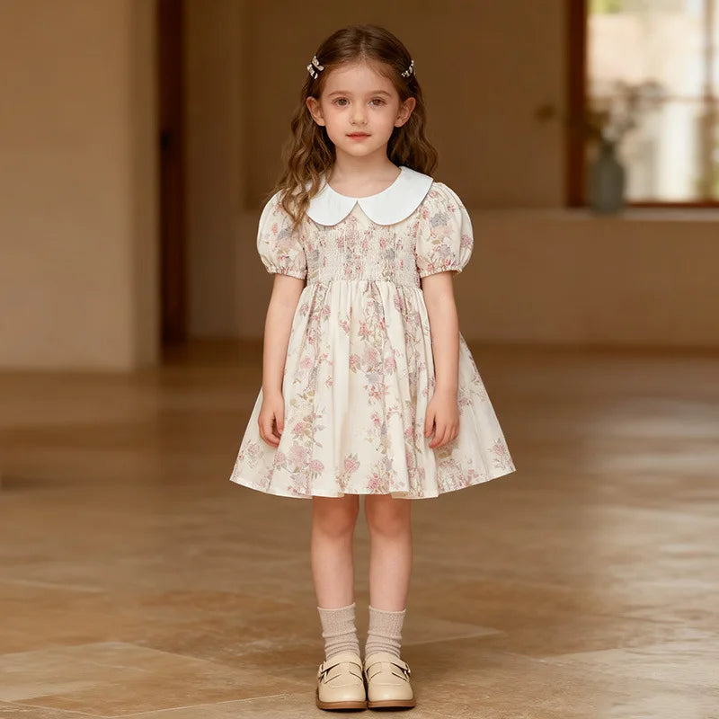 Baby Girl Dress Summer New Doll Collar Pink Print  Puff Short Sleeve Fashion Princess Dress Toddler Cotton Casual Party Clothes
