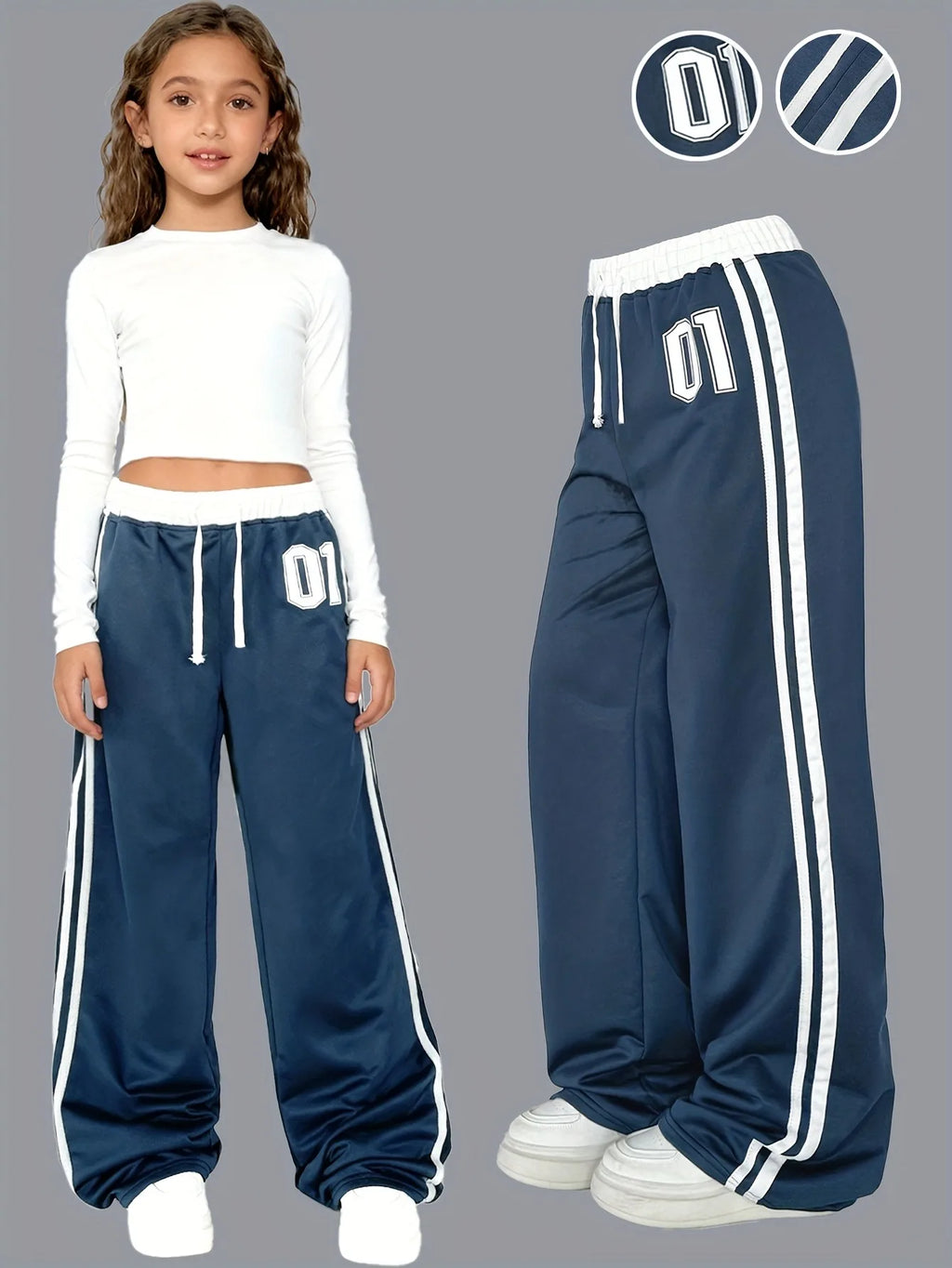 Girls Wide Leg Track Pants Number 01 Print Side Stripe Elastic Drawstring Waist Kids Casual Sporty Pants