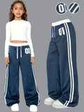 Girls Wide Leg Track Pants Number 01 Print Side Stripe Elastic Drawstring Waist Kids Casual Sporty Pants