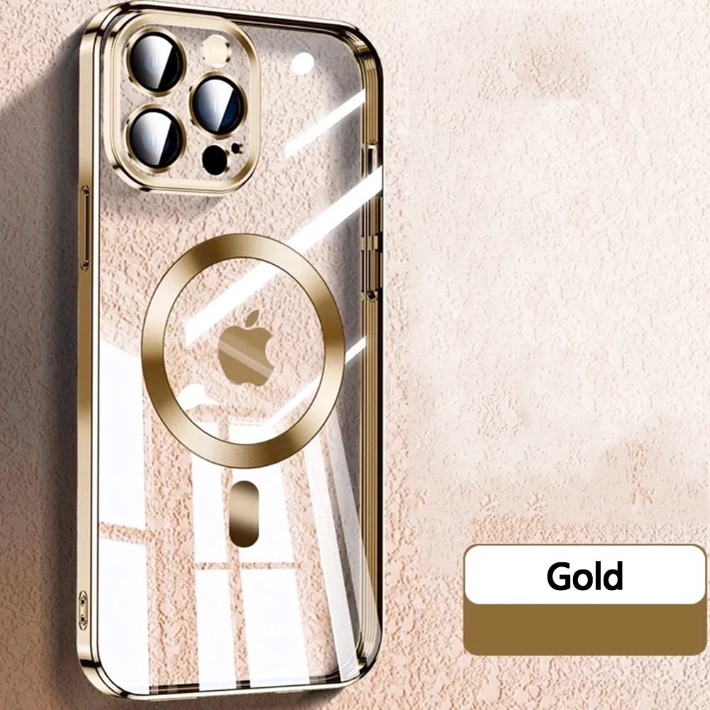 Original Clear Plating Cover For Apple Magnet Magsafe Case Iphone 15 14 Plus 13 12 11 Pro Max X Xs Xr 5K 10H Glas Camera Protect