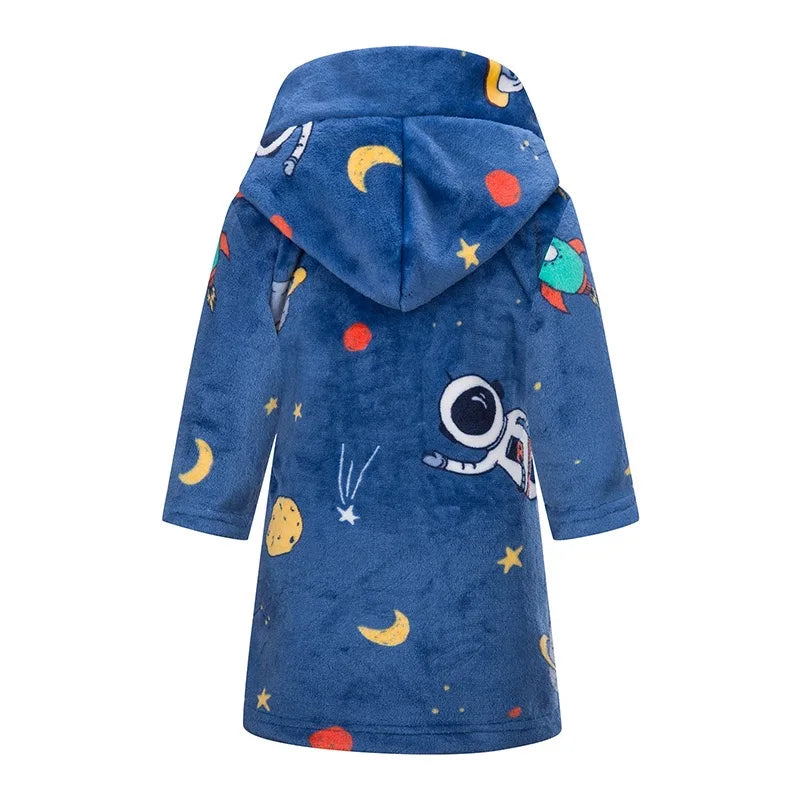 Kids Hooded Dinosaur Printed Flannel Bathrobe Babys Bath Robes Boys Astronaut Cartoon Soft Warm Pajamas Long Sleeves Towel Robe