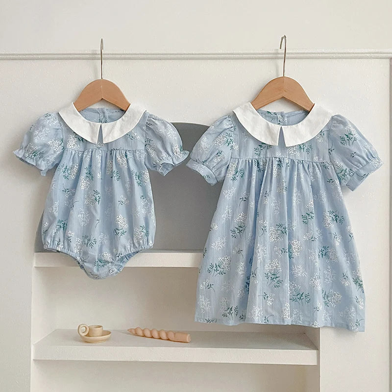 2024 New Summer Sister Clothing Kids Princess Dresses Infant Baby Jumpsuit Short Sleeved Cotton Print Baby Girl Party Dress
