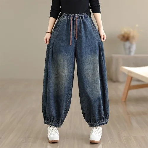 Women's Casual Washed Denim Elastic Waist Loose Fit Jeans Harlan Pants plus Size Nine Points Spring Autumn Seasonal Cotton