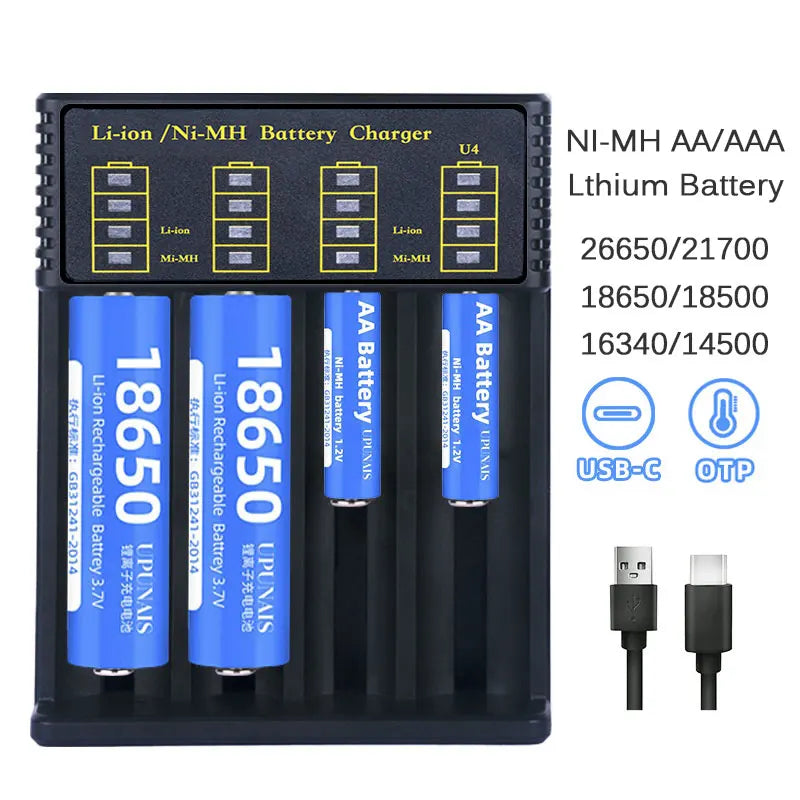 USB Battery Smart Charger 4 Slots For 18650 21700 14500 3.7V Rechargeable Lithium Battery For 1.2V NI-MH AA / AAA Battery