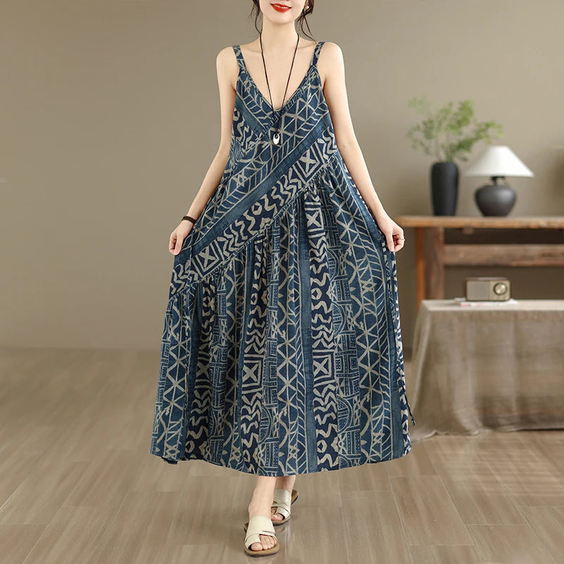 Soft Skin-Friendly Thin Cotton Linen Print V-Neck Waist-Cinched Strap Dress Large Size Summer Long Skirt Women's Dress