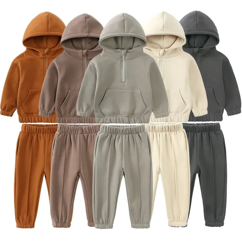 2026 Winter Children Fleece Outfits Toddler Warm Thicken Cotton Soild Hoodies+Pants Tracksuit Kids Boy Girl Sweatsuits Sets