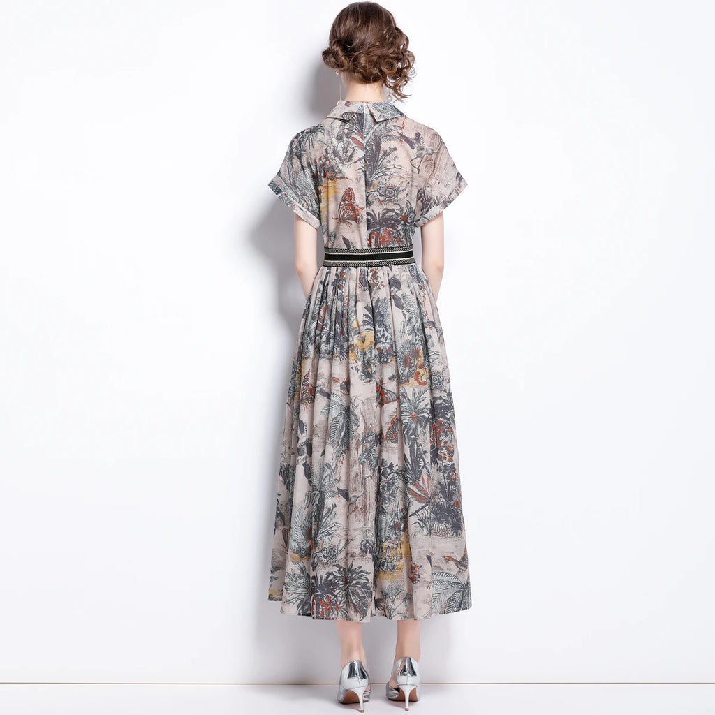 Designer Summer Women's A-Line Dresses 2023 Runway Elegant Lapel Short Sleeve Vintage Printed Midi Vestidos Robes Ladies M1861