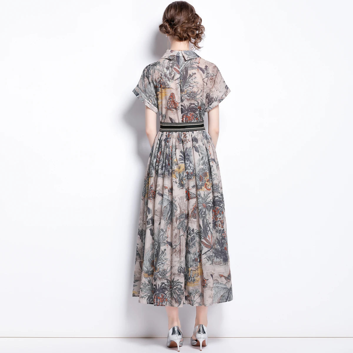 Designer Summer Women's A-Line Dresses 2023 Runway Elegant Lapel Short Sleeve Vintage Printed Midi Vestidos Robes Ladies M1861