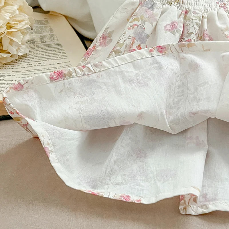 New Summer Sister Match Outfits Pink Princess Dress Sister Baby Girls Clothes Puff Sleeve Floral Romper Cotton Dress One-Pieces