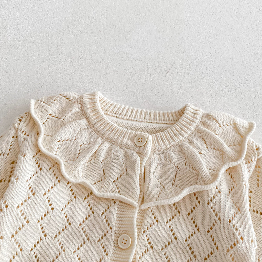 2026 Spring and autumn new collection girls' baby knit sweater with lace trim, large ruffled collar, long sleeve jacket