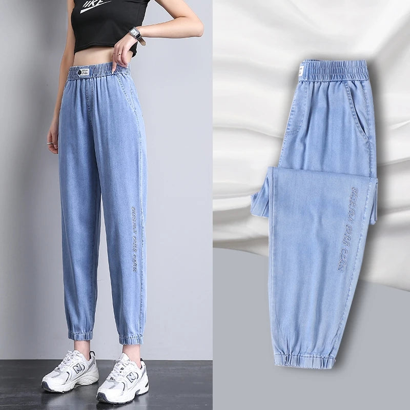 Harajuku Style Women's Jeans Elastic Waist High Waist Cotton Stretch Denim Light Color Pear Shape Body Loose Fit Long Pants