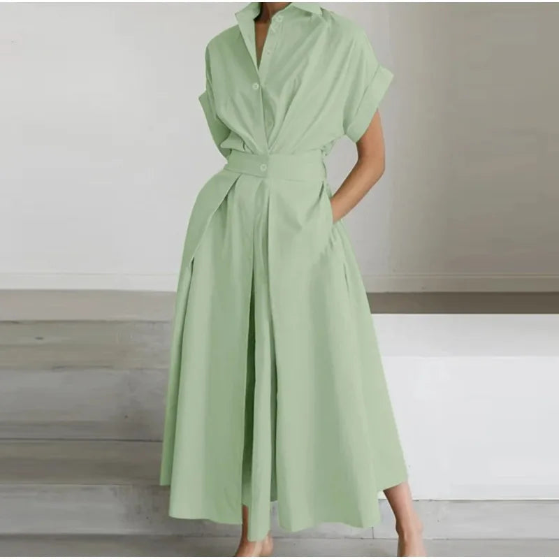 2026 New Fashion Solid Long Dress Short Sleeve Loose Elegant Summer Dress Buttons A-line Party Women's Slim Waist Dress