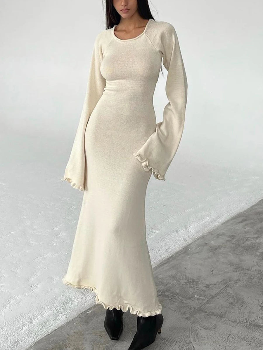 Sexy Backless Knitted Sweater Maxi Dress Outfits for Women Flare Sleeve Dresses Edible Tree Fungus Clothes 2024 Winter
