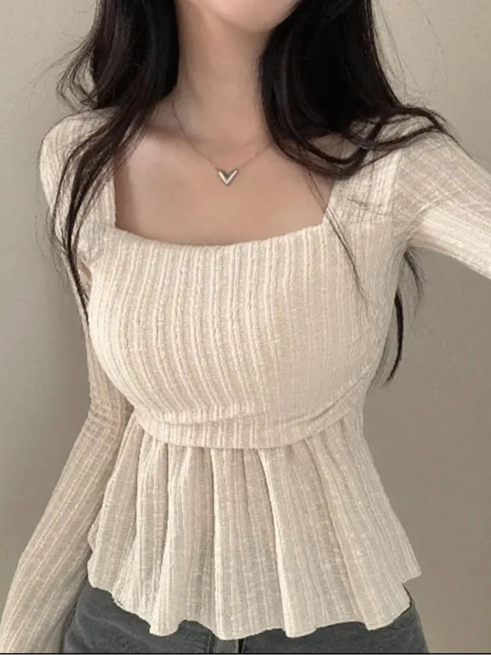 Chic Spring Knitted Top Women's Slim Fit Long Sleeve Bell Sleeve Square Collar T-Shirt Waist Cinching Flounce Hem Korean Style