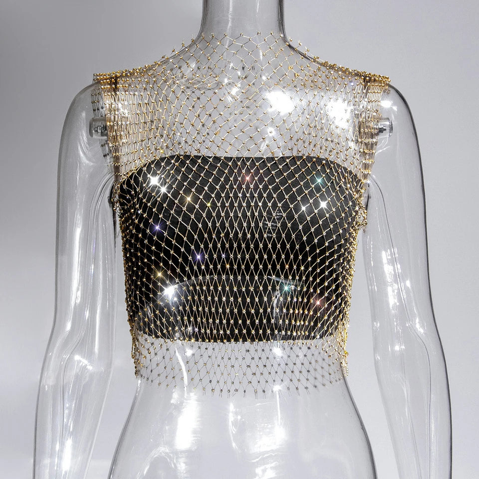 Women Sexy See Through Mesh Diamond Tank Tops Hollow Out Rhinestone Vest Beach Cover Up Crop Tops For Rave Festival Clubwear