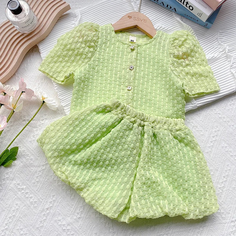 Girls Clothing Set 2022 New Summer Puff Sleeve Top & Shorts 2pcs Child Set Outfits Kids Clothing School Girl Outfit 2 3 4 5 6 7Y