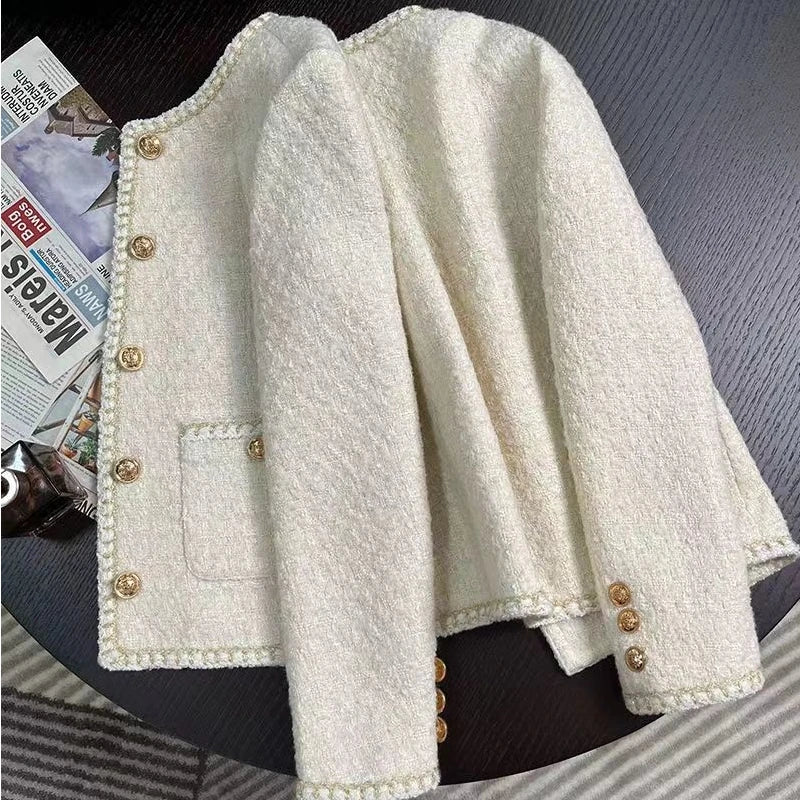 Spring Autumn Women Tweed Jacket Round Neck Woolen Temperament Korean Chic Short Coat Chic Tweed Blazer Outerwear Blazer Women