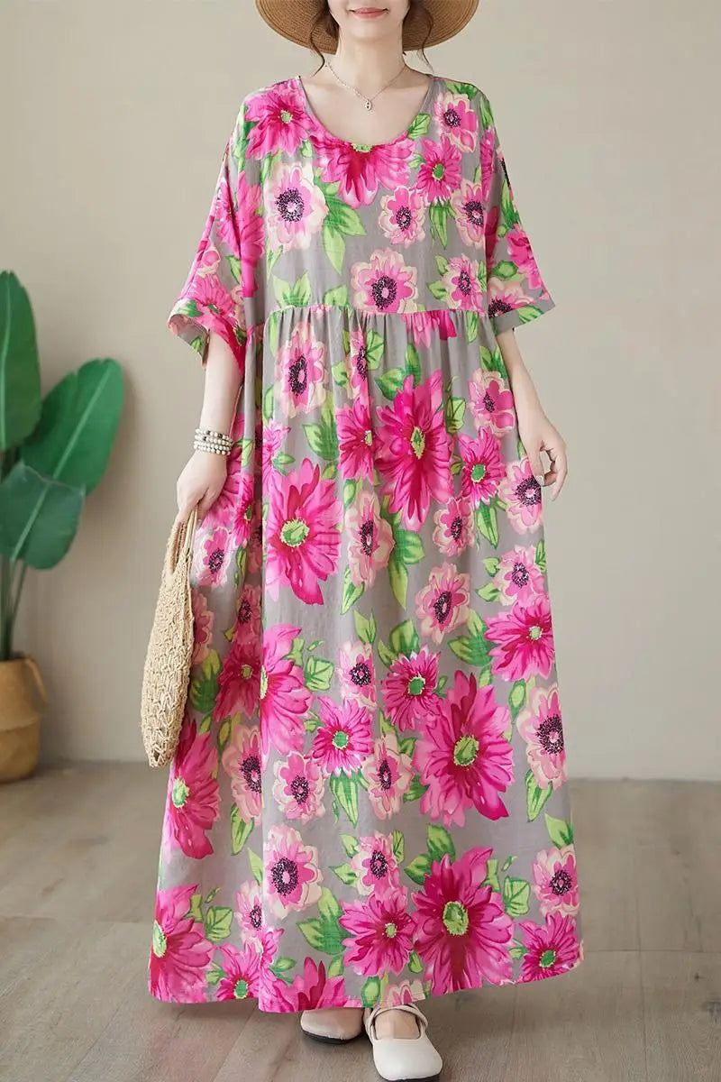 THHONE Vestidos Para Mujer Bohemian Print Maxi Long Dress for Women 2024 Floral Casual Cotton Linen Loose Vintage Robe Dresses