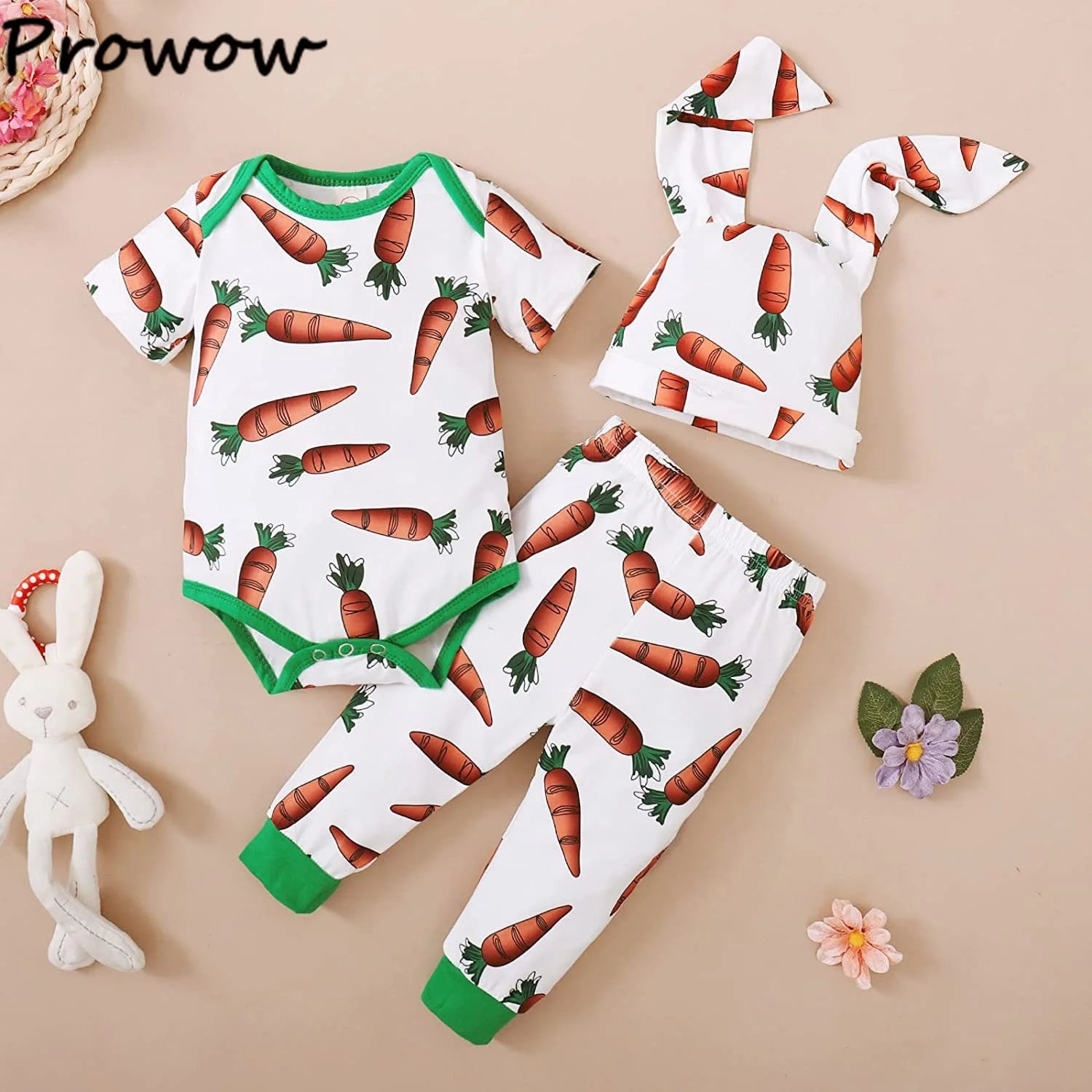 Prowow Baby Easter Costume Girls Boys Long Sleeve Carrot Printed Rompers+Rabbit Hat Bodysuit For Newborns Baby Easter Outfits