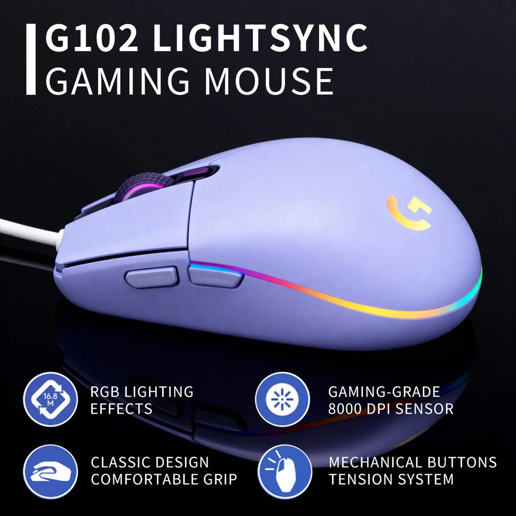 Logitech G102 Wired Gaming Mouse Adjustable DPI 16.8M RGB Colors Mechanical Buttons Ergonomic Design for Competitive Gamers