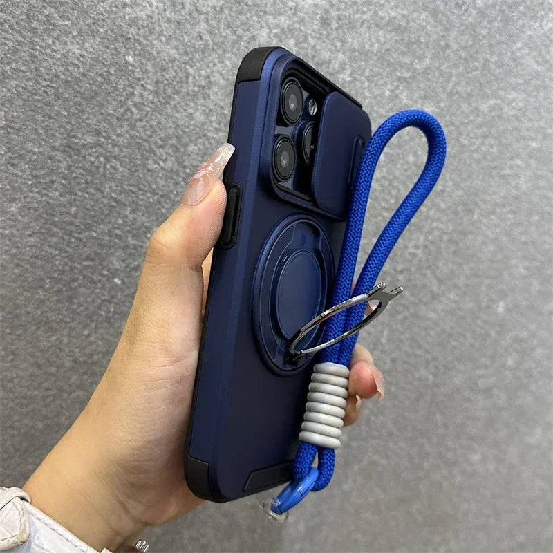 Armor Magnetic Bracket Case for iPhone 17 16 14 13 12 11 15 Pro Max Plus With Lanyard Slide Camera Protection Shockproof Cover