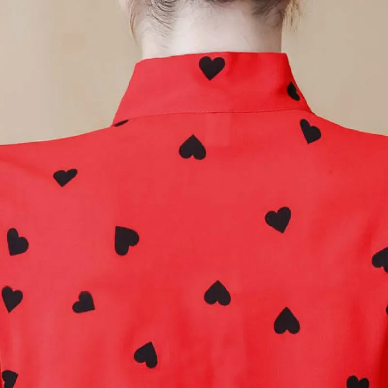 Shirts Women Printed Bow Long Sleeve Korean Style Chic Fashion Office Lady Elegant Vintage Casual Blouses Womens Daily Lovely