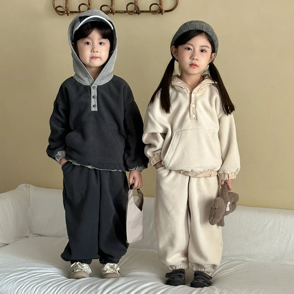2025 New Baby Casual Kids Fleece Suit for Boys and Girls Plus Velvet Warm Sweatshirt Two-piece Set Boutique Clothing SimpleStyle