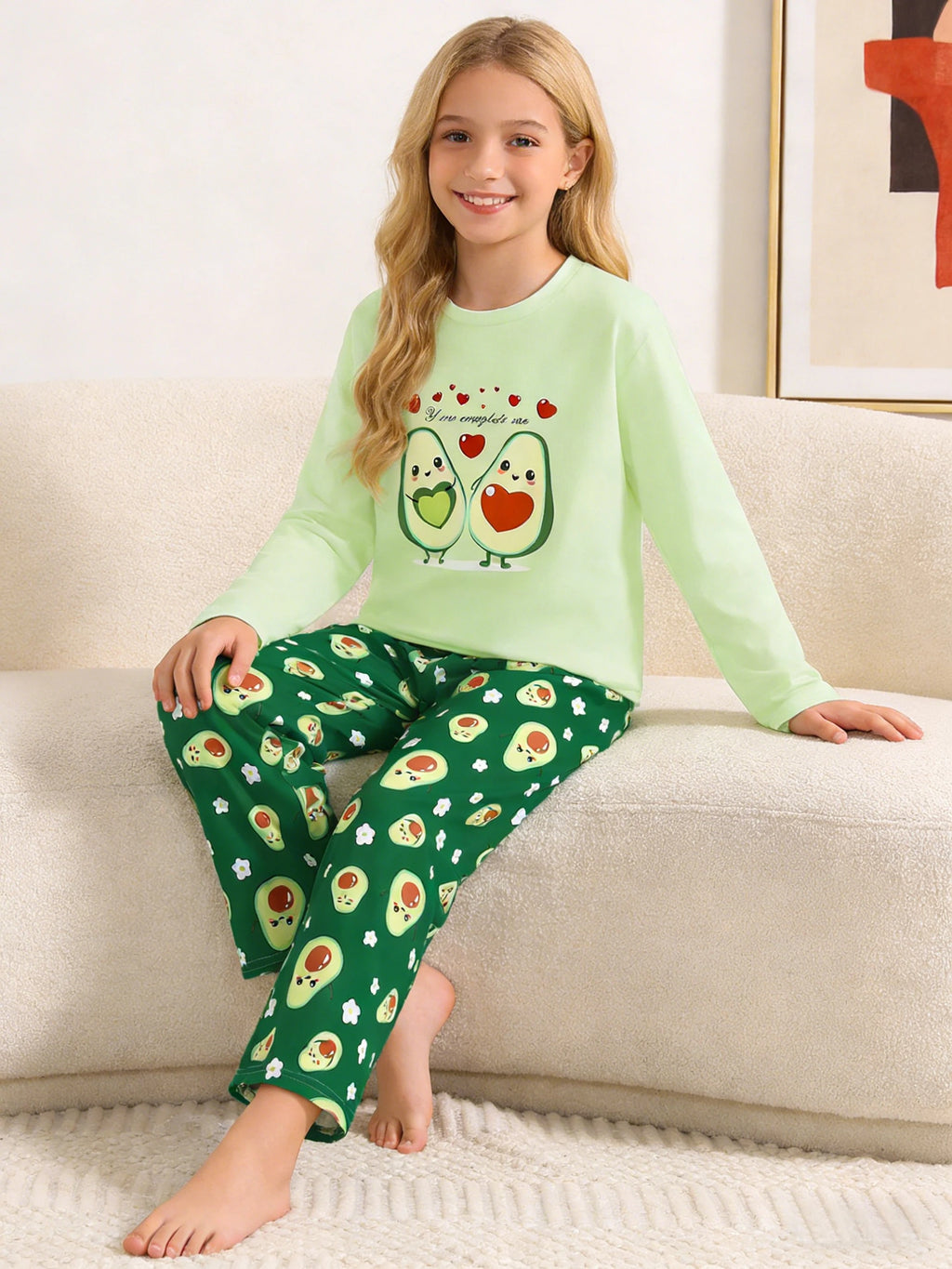 Girls' fashion home clothes set, children's spring and autumn avocado smile heart pajamas and pants, suitable for home wear